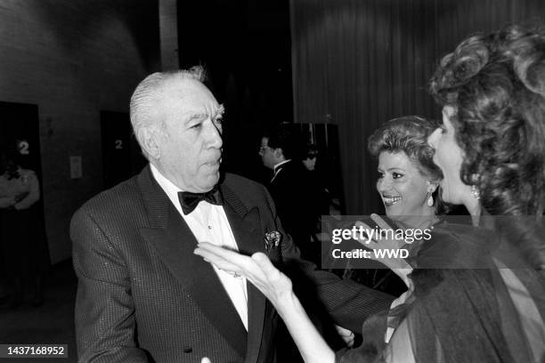 Anthony Quinn, Yolanda Addolori, and Sophia Loren attend an event at Lincoln Center in New York City on March 29, 1988.