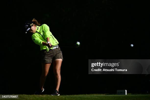 Momoko Ueda of Japan hits her tee shot on the 14th hole during the first round of the Mitsubishi Electric/Hisako Higuchi Ladies at Musashigaoka Golf...