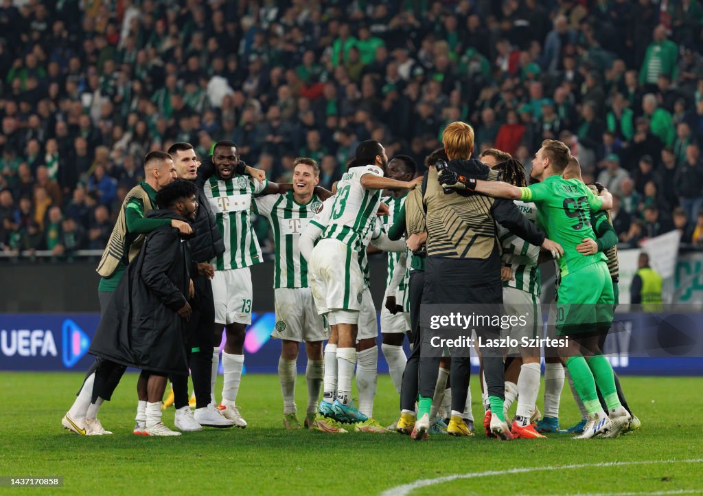 Teammates of Ferencvarosi TC celebrate after the UEFA Europa