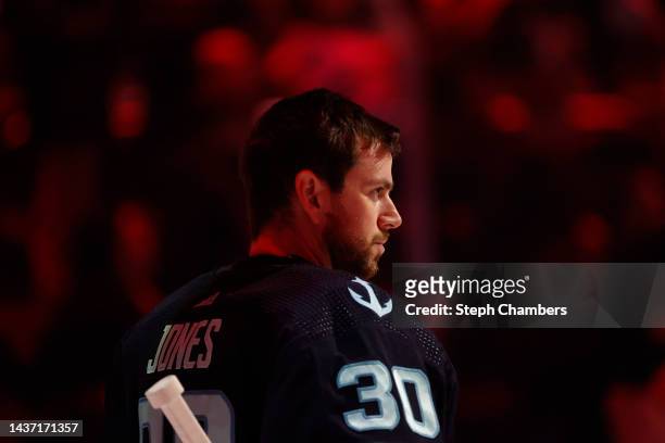 Martin Jones of the Seattle Kraken looks on before the game against the Vancouver Canucks at Climate Pledge Arena on October 27, 2022 in Seattle,...