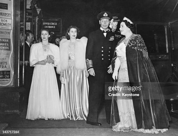The royal family arrive at the London Palladium for the Royal Variety Performance, 5th November 1946. Left to right: Princess Margaret , Princess...