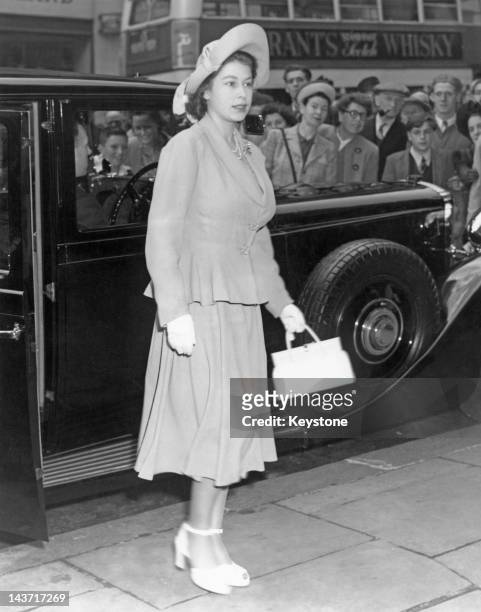 Princess Elizabeth arrives at Dorland Hall, Lower Regent Street, London, 7th May 1948. She is visiting the International Wool Secretariat Exhibition.