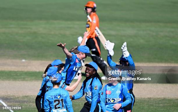 Jemma Barsby of the Strikers celebrates taking the wicket of Marizanne Kapp of the Scorchers during the Women's Big Bash League match between the...