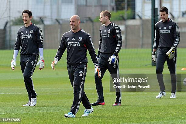 Goalkeepers Brad Jones, Pepe Reina, Peter Gulacsi and Alexander Doni of Liverpool during a training session prior to the FA Cup Final at Melwood...