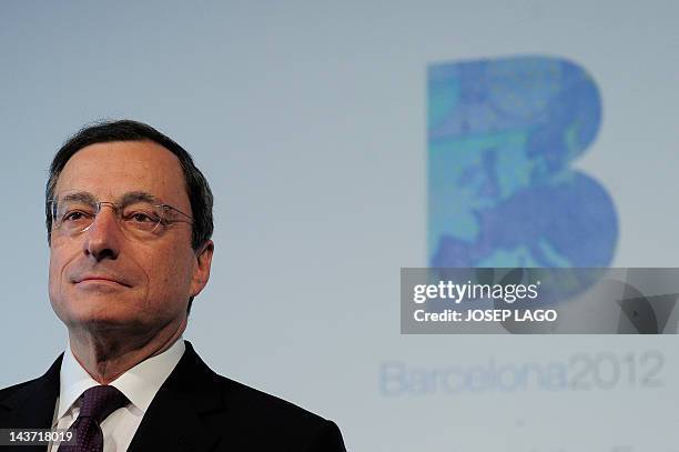 European Central Bank President Mario Draghi gives a press conference during a governing council meeting of the European Central Bank on May 3, 2012...