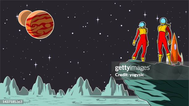 vector retro astronauts couple on a moon surface stock illustration - retrofuturism stock illustrations