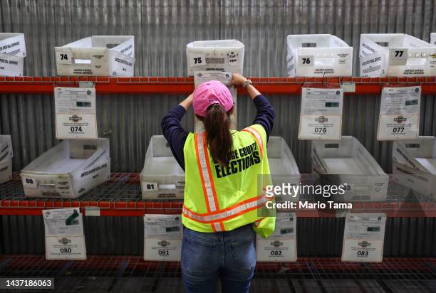 An election worker works at the Orange County Registrar of Voters less than two weeks before midterms Election Day on October 27, 2022 in Santa Ana,...