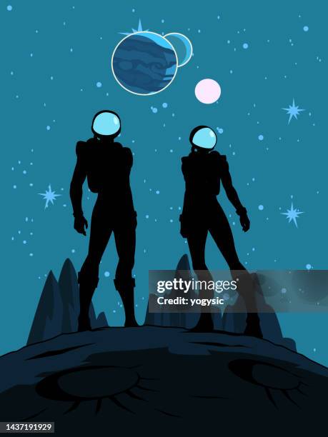 stockillustraties, clipart, cartoons en iconen met vector astronauts silhouette on a moon surface poster stock illustration - et poster