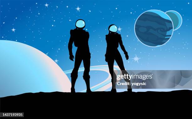 vector astronauts silhouette on a moon surface stock illustration - retro futurism space stock illustrations