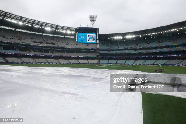 General view as rain delays play during the ICC Men's T20 World Cup match between England and Australia at Melbourne Cricket Ground on October 28,...