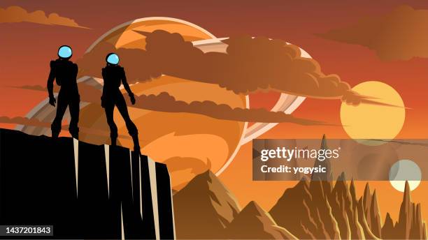 vector astronaut couple silhouette on a planet surface stock illustration - captain planet 幅插畫檔、美工圖案、卡通及圖標