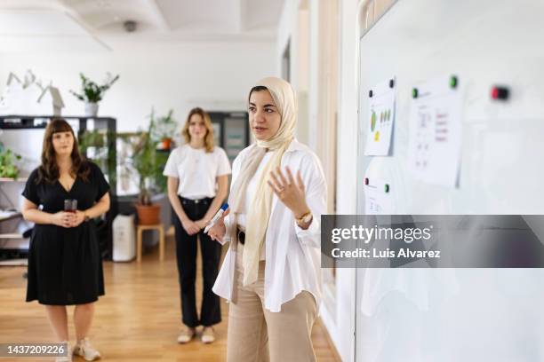 middle eastern woman giving presentation to colleagues at startup office - pañuelo de cabeza fotografías e imágenes de stock