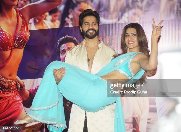 Varun Dhawan and Kriti Sanon attend the song launch of film 'Bhediya' on October 28, 2022 in Mumbai, India