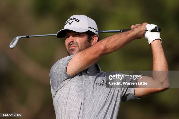Jorge Campillo of Spain tees off on the 16th hole during Day Two of the Portugal Masters at Dom Pedro Victoria Golf Course on October 28, 2022 in...