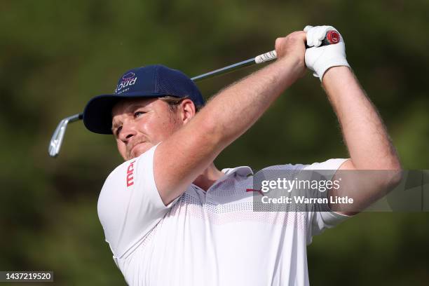 Eddie Pepperell of England tees off on the 16th hole during Day Two of the Portugal Masters at Dom Pedro Victoria Golf Course on October 28, 2022 in...