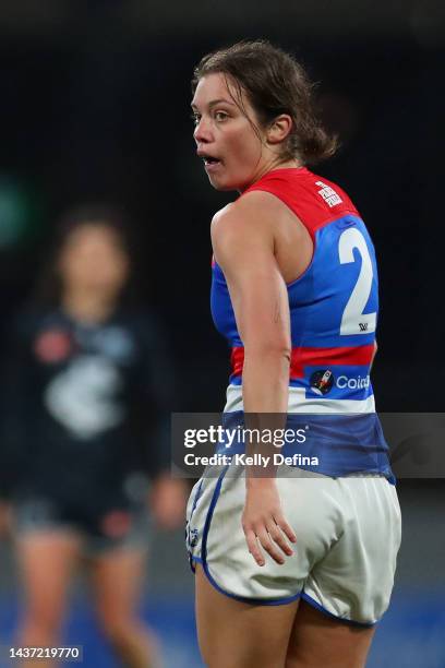 Ellie Blackburn of the Bulldogs looks back after celebrating with team mates during the round 10 AFLW match between the Carlton Blues and the Western...