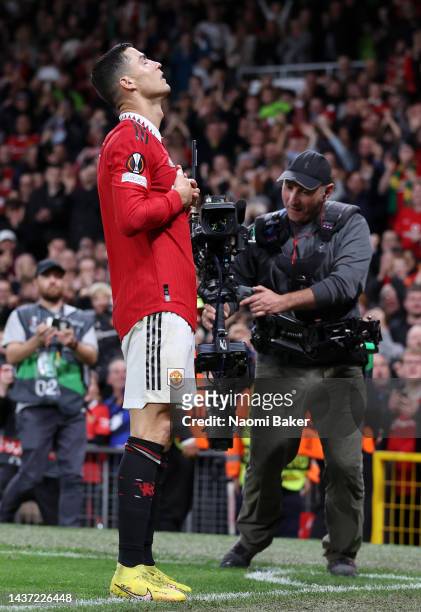 Cristiano Ronaldo of Manchester United celebrates after scoring their team's third goal during the UEFA Europa League group E match between...