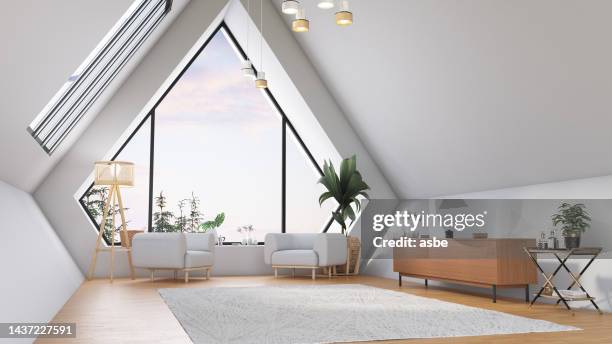 modern triangle shaped living room design - loft stock pictures, royalty-free photos & images