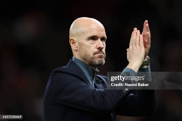 Erik ten Hag, Manager of Manchester United shows appreciation waving and clapping to the fans during the UEFA Europa League group E match between...