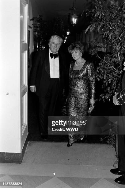 Peter Ustinov and Helene de Lau attend an event at the White House in Washington, D.C., on November 9, 1985.