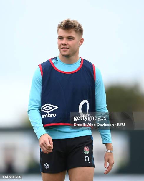 Charlie Atkinson of England in action during a England Open Training Session at Jersey Rugby Club on October 28, 2022 in Saint Peter, Jersey.