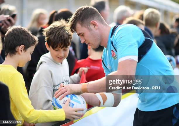 Freddie Steward of England signs autographs after a England Open Training Session at Jersey Rugby Club on October 28, 2022 in Saint Peter, Jersey.