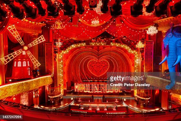 The stage set for Moulin Rouge, The Musical! at the Piccadilly Theatre o March 30,2022 in London, England.