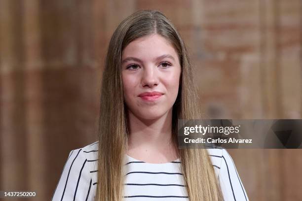 Princess Sofia of Spain attends the winners audiences of the "Princess of Asturias" awards 2022 at the Reconquista Hotel on October 28, 2022 in...