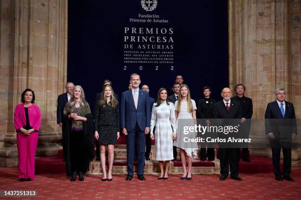 Crown Princess Leonor of Spain, King Felipe VI of Spain, Queen Letizia of Spain and Princess Sofia of Spain pose with the winners of the "Princess of...