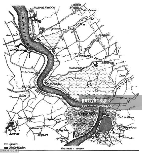 old engraved map of the siege of antwerp by alexander farnese from 10.07.1584 to 17.08.1585 - duke painting stock pictures, royalty-free photos & images