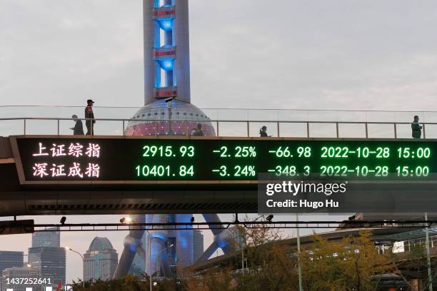 People walk on a pedestrian bridge which displays the numbers for the Shanghai Shenzhen stock indexes on October 28th, 2022 in Shanghai, China.