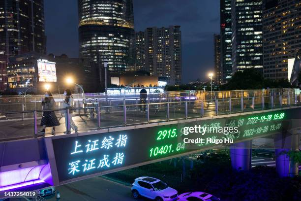 People walk on a pedestrian bridge which displays the numbers for the Shanghai Shenzhen stock indexes is seen on October 28th, 2022 in Shanghai,...