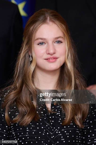 Crown Princess Leonor of Spain attends several audiences of the "Princess of Asturias" awards 2022 at the Reconquista Hotel on October 28, 2022 in...
