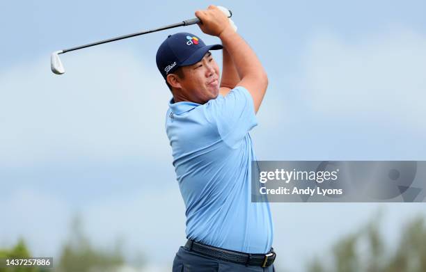 Byeong Hun An of South Korea plays his shot from the first tee during the second round of the Butterfield Bermuda Championship at Port Royal Golf...