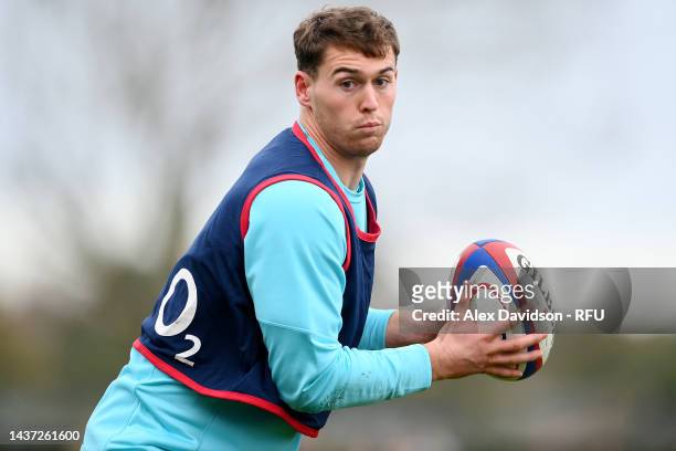Tom Roebuck of England makes a break during a England Open Training Session at Jersey Rugby Club on October 28, 2022 in Saint Peter, Jersey.