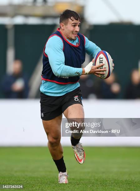 Cadan Murley of England makes a break during a England Open Training Session at Jersey Rugby Club on October 28, 2022 in Saint Peter, Jersey.