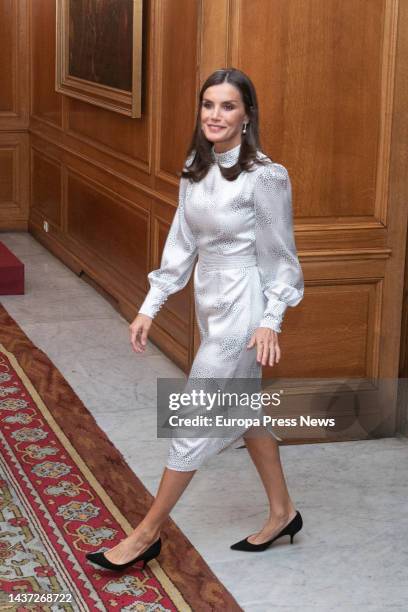 Queen Letizia arrives at the audience of the King and Queen of Spain with the recipients of the 2022 Medals of Asturias, at the Hotel La Reconquista,...