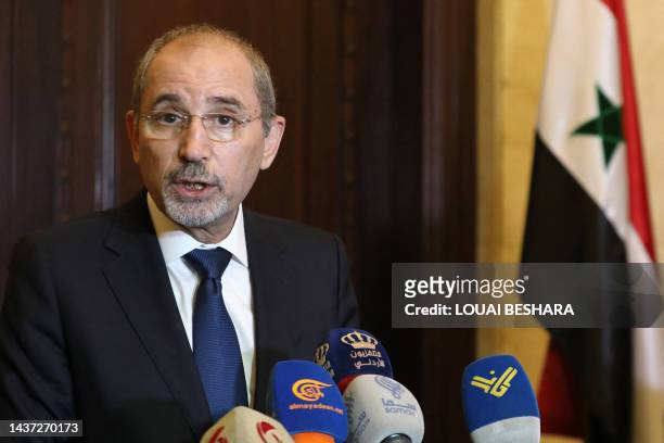 Jordanian Foreign Minister Ayman Safadi speaks during a press conference with his Syrian counterpart in Damascus on July 3, 2023.