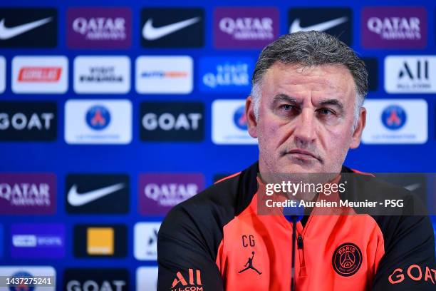 Paris Saint-Germain head coach Christophe Galtier answers journalists during a press conference at PSG training center on October 28, 2022 in Paris,...