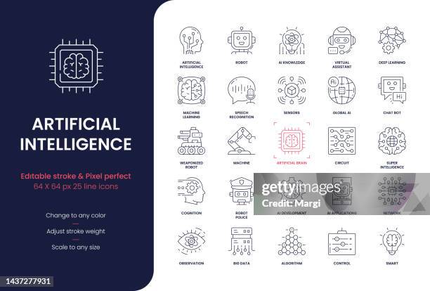 künstliche intelligenz bearbeitbare strichliniensymbole - neural network stock-grafiken, -clipart, -cartoons und -symbole