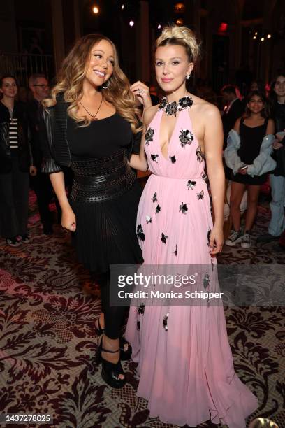 Mariah Carey and Millie Bobby Brown attend the Netflix Enola Holmes 2 Premiere on October 27, 2022 in New York City.