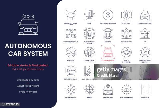 autonomous car system editable stroke line icons - car accident vector stock illustrations