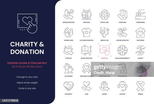 charity and donation editable stroke line icons - organ donation stock illustrations