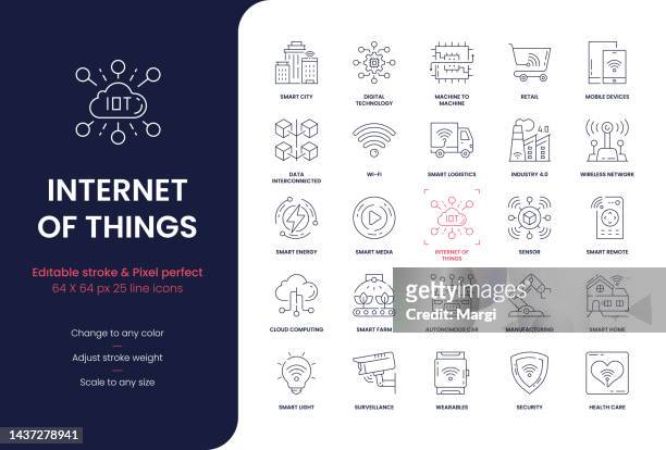 internet of things editable stroke line icons - internet of things agriculture stock illustrations