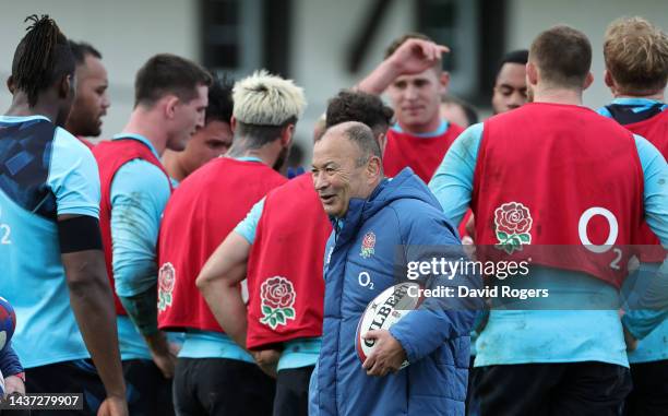 Eddie Jones, the England head coach looks on during the England training session held at Jersey Rugby Club on October 28, 2022 in Saint Peter, Jersey.