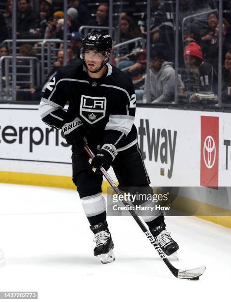 Kevin Fiala of the Los Angeles Kings makes a pass during a 6-4 loss to the Winnipeg Jets at Crypto.com Arena on October 27, 2022 in Los Angeles,...