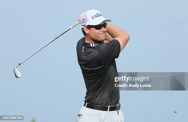 Adam Schenk of the United States plays his shot from the first tee during the second round of the Butterfield Bermuda Championship at Port Royal Golf...