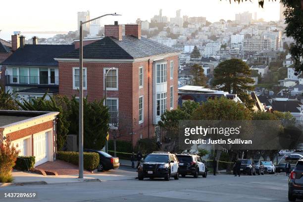View of the home of U.S. Speaker of the House Nancy Pelosi on October 28, 2022 in San Francisco, California. Paul Pelosi, the husband of U.S. Speaker...