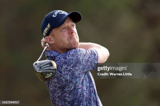 David Horsey of England tees off on the 17th hole during Day Two of the Portugal Masters at Dom Pedro Victoria Golf Course on October 28, 2022 in...