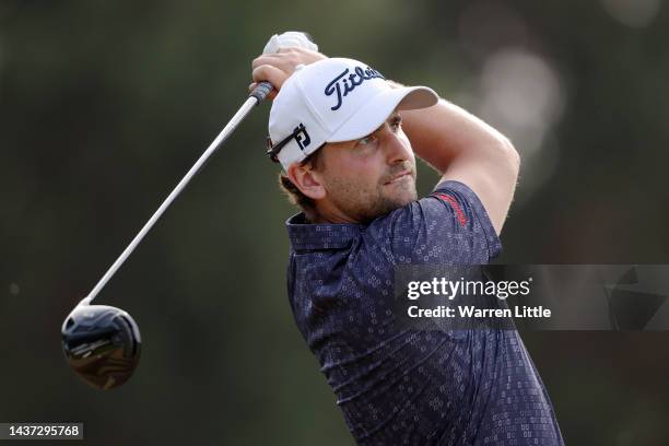 Nicolai Von Dellingshausen of Germany tees off on the 17th hole during Day Two of the Portugal Masters at Dom Pedro Victoria Golf Course on October...